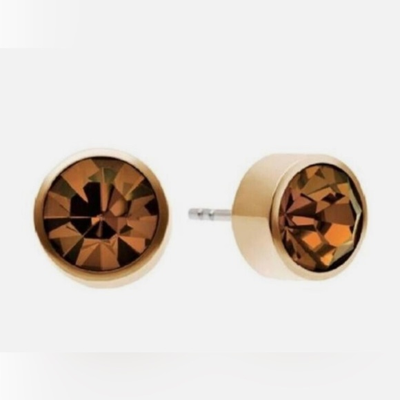 New Michael Kors Gold Park Ave Steel Brown Stone Stud Earrings - Picture 5 of 6